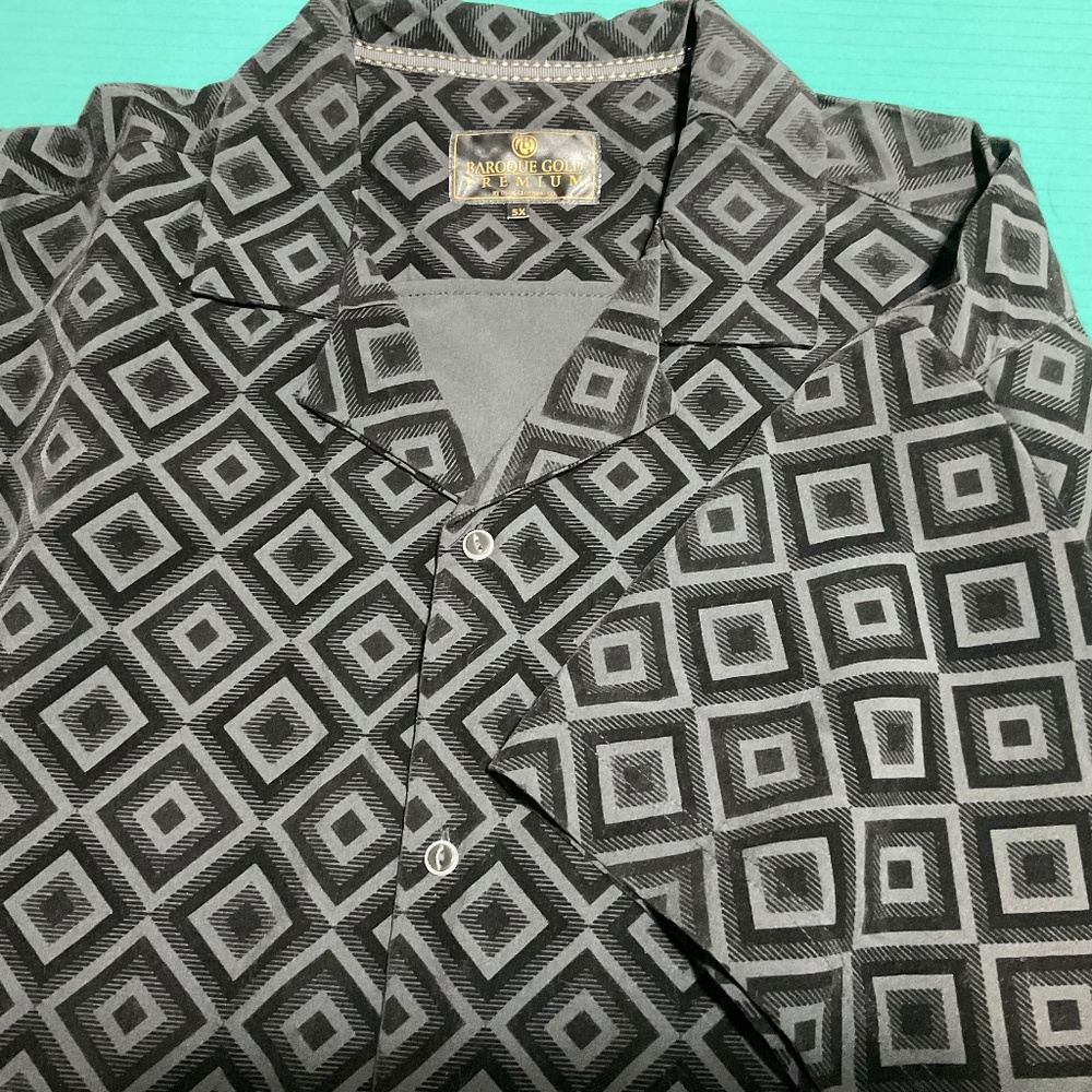 Baroque Gold Mens Black Dress Shirt Flocked Velvet Geometric pattern SZ 5XL